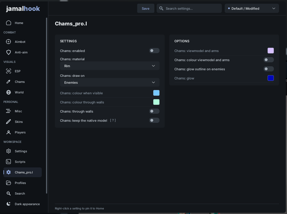 A script's own settings page with checkboxes, dropdowns and colour pickers created from Lua