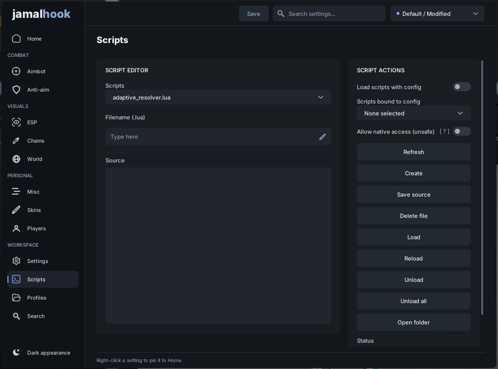 The Scripts tab, with the script editor on the left and the script actions on the right